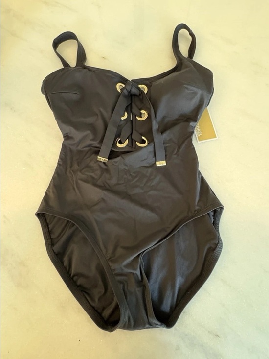 Michael Kors MM5W133 Lace Up One Piece Swimsuit Black Wide Strap Size 8 - Picture 3 of 8